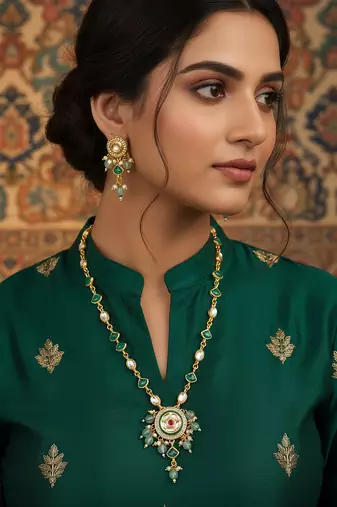 Gold plated green stone kundan necklace with circular pendant