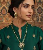 Gold plated green stone kundan necklace with circular pendant