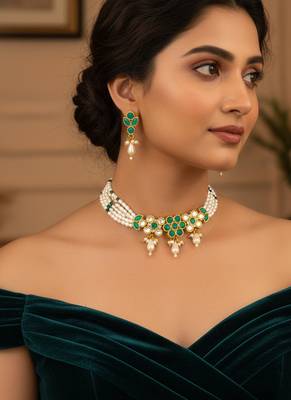 Gold plated multi strand pearl bead choker with green kundan pendant 1