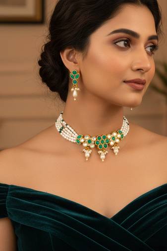Gold plated multi strand pearl bead choker with green kundan pendant