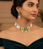 Gold plated multi strand pearl bead choker with green kundan pendant