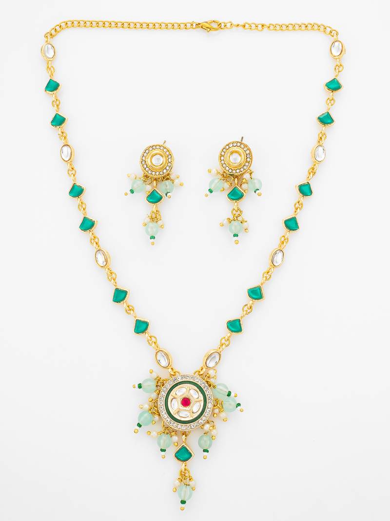 Gold plated green stone kundan necklace with circular pendant