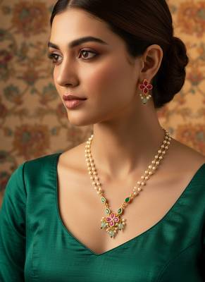 Gold plated double layered pearl chain necklace with floral pendant 1