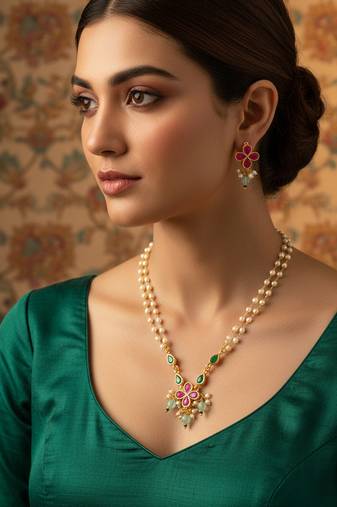 Gold plated double layered pearl chain necklace with floral pendant