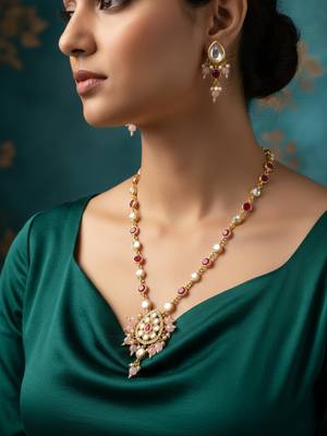 Bead gold plated kundan pendant necklace set 1