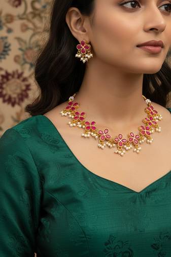 Gold plated pink floral kundan necklace set with pearl clusters