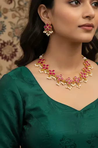Gold plated pink floral kundan necklace set with pearl clusters