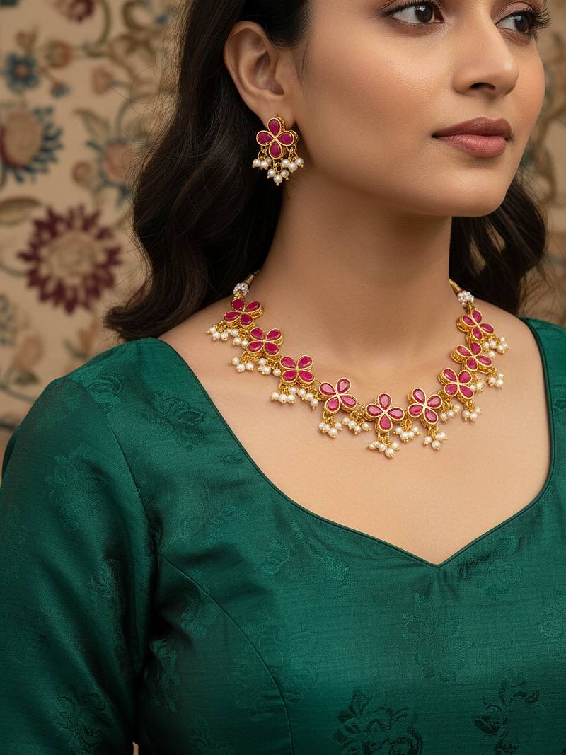 Gold plated pink floral kundan necklace set with pearl clusters