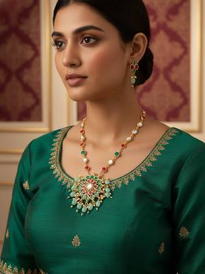 Gold plated kundan necklace set with green and pink stones and bead droplets 1