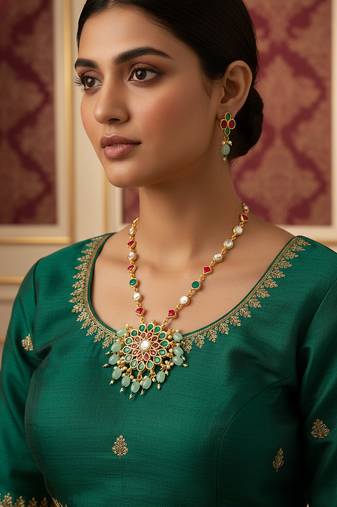 Gold plated kundan necklace set with green and pink stones and bead droplets