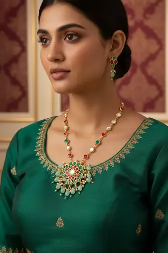 Gold plated kundan necklace set with green and pink stones and bead droplets