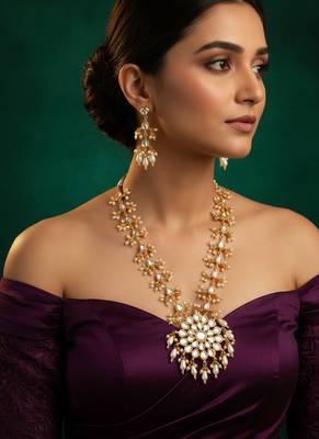 Gold plated kundan floral long necklace set with pearl drops 1