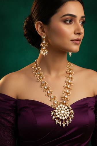 Gold plated kundan floral long necklace set with pearl drops