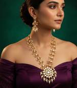 Gold plated kundan floral long necklace set with pearl drops
