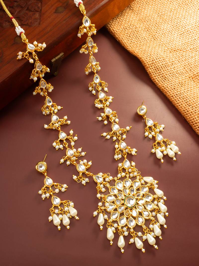 Gold plated kundan floral long necklace set with pearl drops