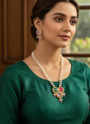 Gold plated multi-stone pearl string necklace set with pendant 1