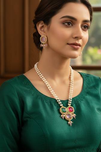 Gold plated multi-stone pearl string necklace set with pendant