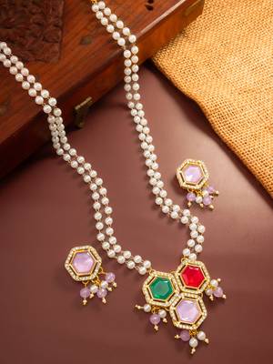 Gold plated multi-stone pearl string necklace set with pendant 2