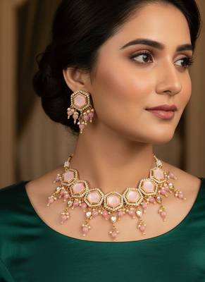 Gold plated pink hexagonal stone choker necklace set with earrings 1