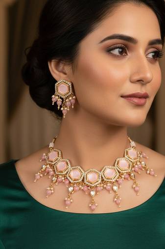 Gold plated pink hexagonal stone choker necklace set with earrings
