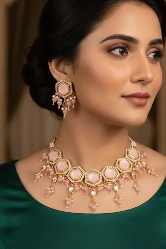 Gold plated pink hexagonal stone choker necklace set with earrings