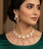 Gold plated pink hexagonal stone choker necklace set with earrings