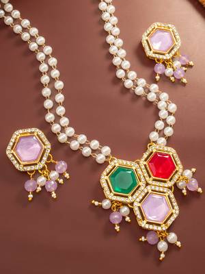 Gold plated multi-stone pearl string necklace set with pendant 3