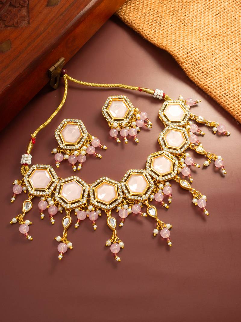Gold plated pink hexagonal stone choker necklace set with earrings