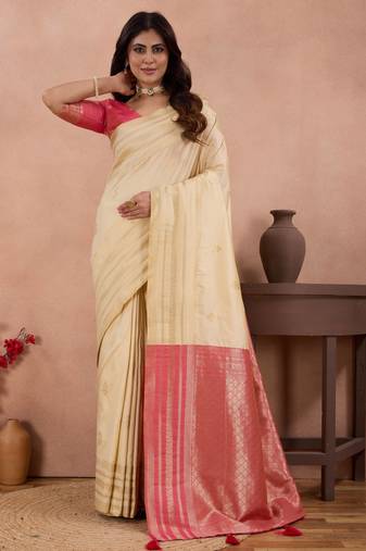 off white golden zari work banarasi traditional saree with contrast blouse