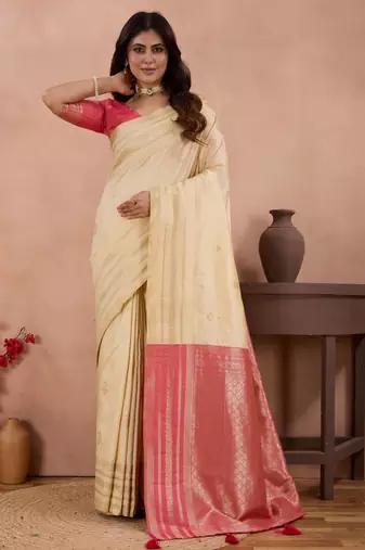 off white golden zari work banarasi traditional saree with contrast blouse