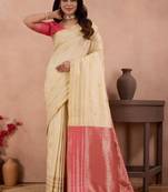 off white golden zari work banarasi traditional saree with contrast blouse
