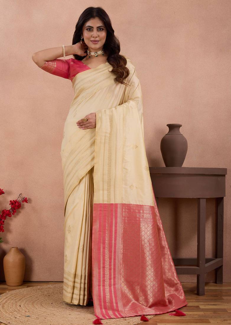off white golden zari work banarasi traditional saree with contrast blouse