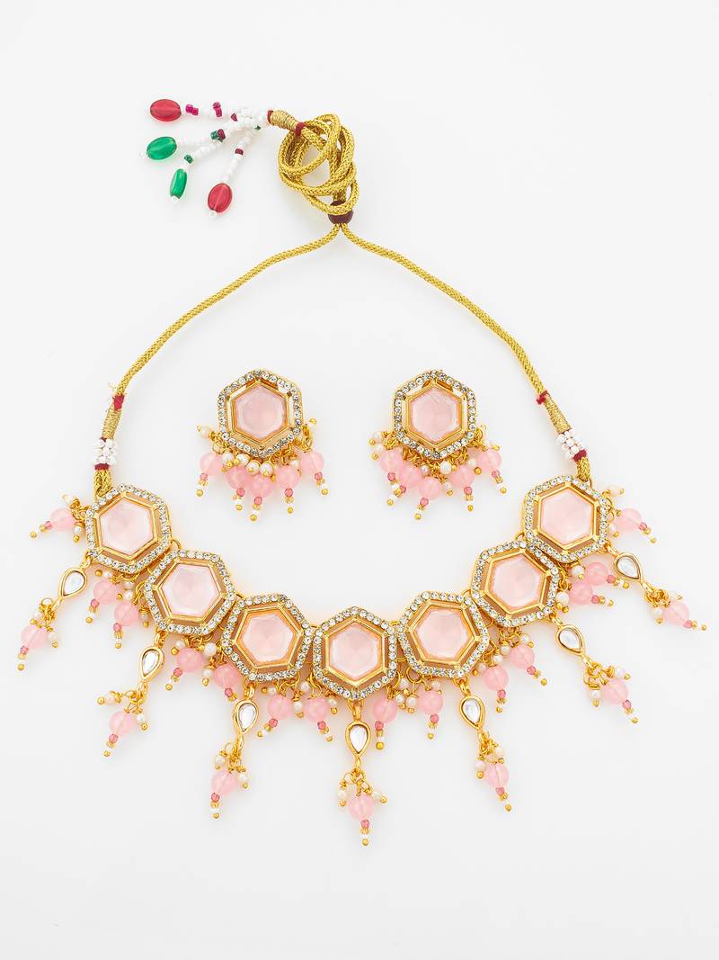 Gold plated pink hexagonal stone choker necklace set with earrings