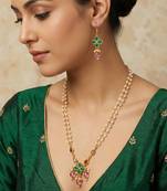 Gold plated double layered pearl necklace with floral accents
