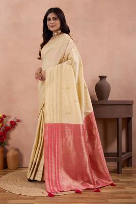 off white golden zari work banarasi traditional saree with contrast blouse 2