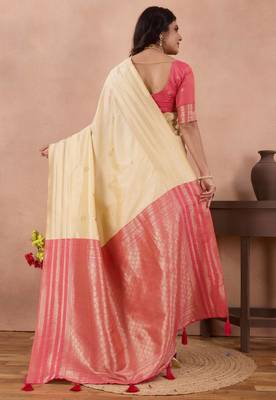 off white golden zari work banarasi traditional saree with contrast blouse 3