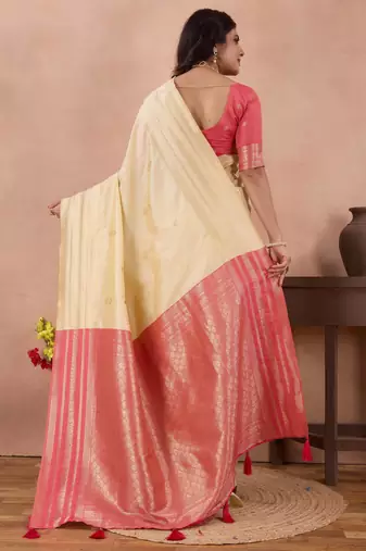 off white golden zari work banarasi traditional saree with contrast blouse