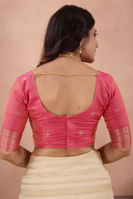 off white golden zari work banarasi traditional saree with contrast blouse 5