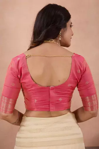 off white golden zari work banarasi traditional saree with contrast blouse