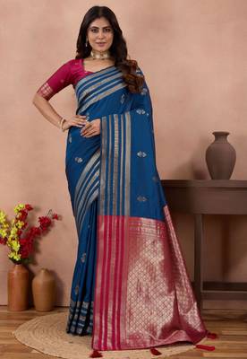 royal blue golden zari work banarasi traditional saree with contrast blouse 1