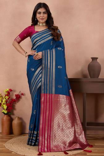 royal blue golden zari work banarasi traditional saree with contrast blouse