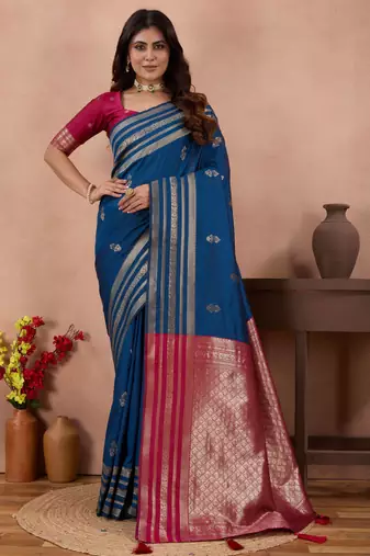 royal blue golden zari work banarasi traditional saree with contrast blouse