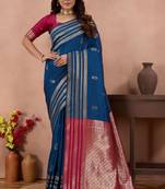 royal blue golden zari work banarasi traditional saree with contrast blouse