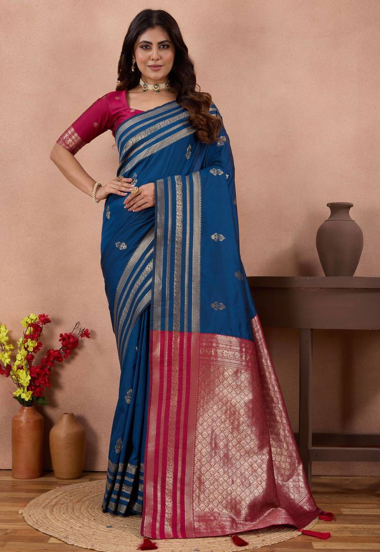 royal blue golden zari work banarasi traditional saree with contrast blouse