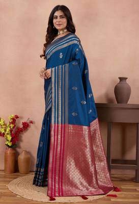 royal blue golden zari work banarasi traditional saree with contrast blouse 2
