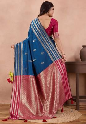 royal blue golden zari work banarasi traditional saree with contrast blouse 3
