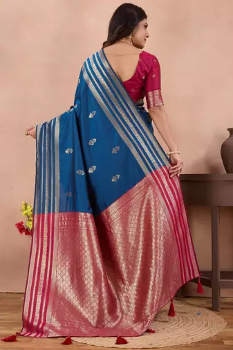royal blue golden zari work banarasi traditional saree with contrast blouse