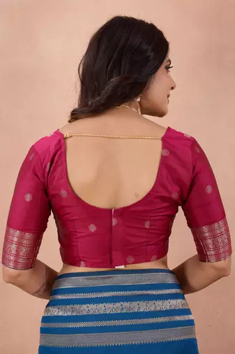 royal blue golden zari work banarasi traditional saree with contrast blouse