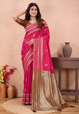 rani pink golden zari work banarasi traditional saree with contrast blouse 1