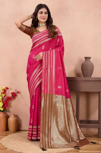 rani pink golden zari work banarasi traditional saree with contrast blouse